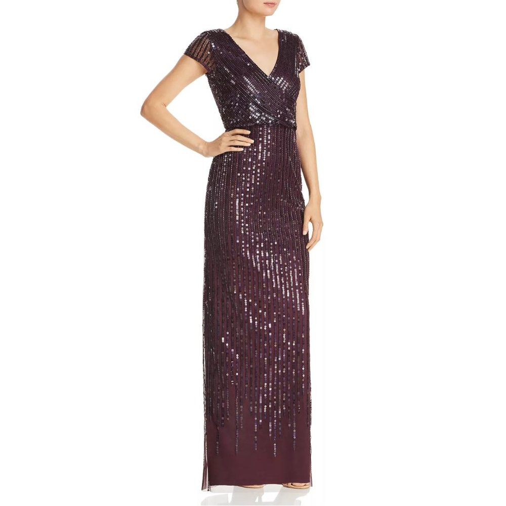 NWT Adrianna Papell [ 4 ] Short Sleeve Embellished Column Gown Night Plum Purple